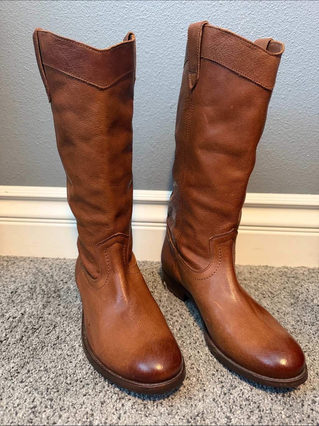 Frye Cognac Leather Heeled Western Boots, Never Worn!